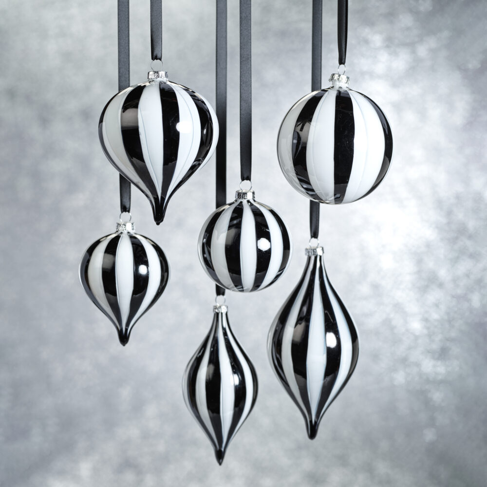 Monochrome Stripe 8-Piece Glass Ornament Set, 3.25" x 4.25" by Zodax