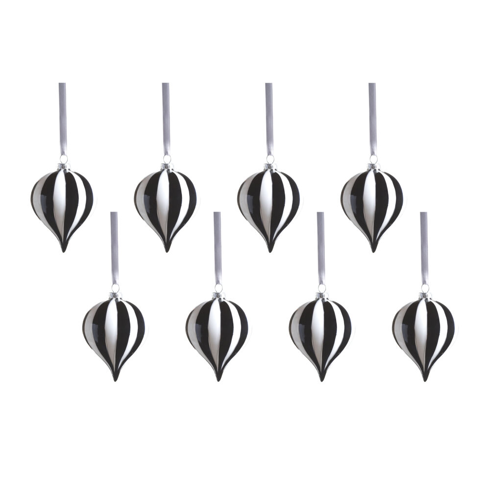 Monochrome Stripe 8-Piece Glass Ornament Set, 3.25" x 4.25" by Zodax