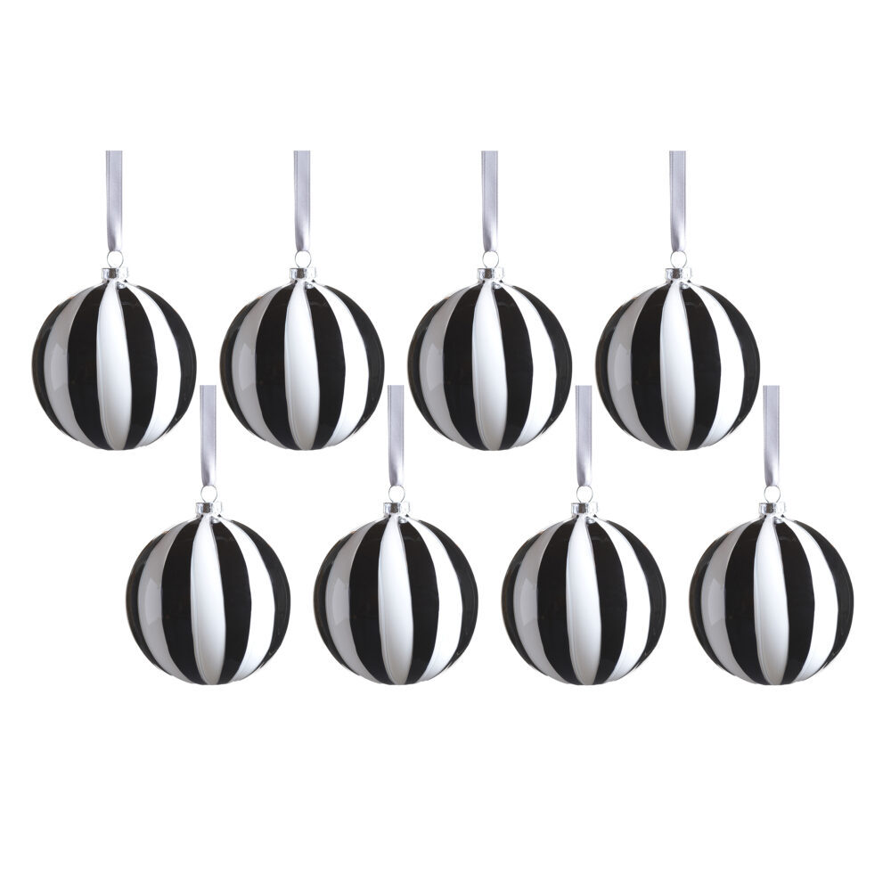 Monochrome Stripe 8-Piece Glass Ornament Set, 4" x 4" by Zodax