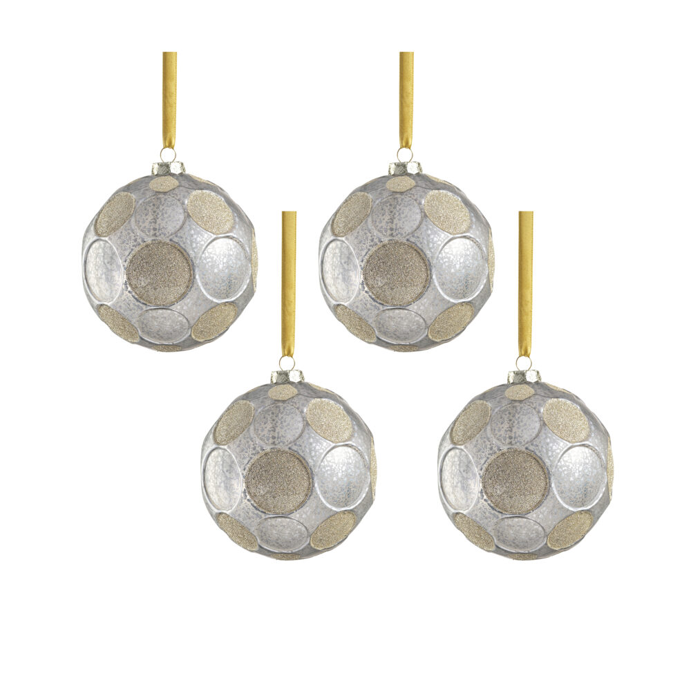 Matte Frosted Serenity 4.75" Glass Ball Ornaments- Set of 4, Silver w/ Gold Glitter by Zodax