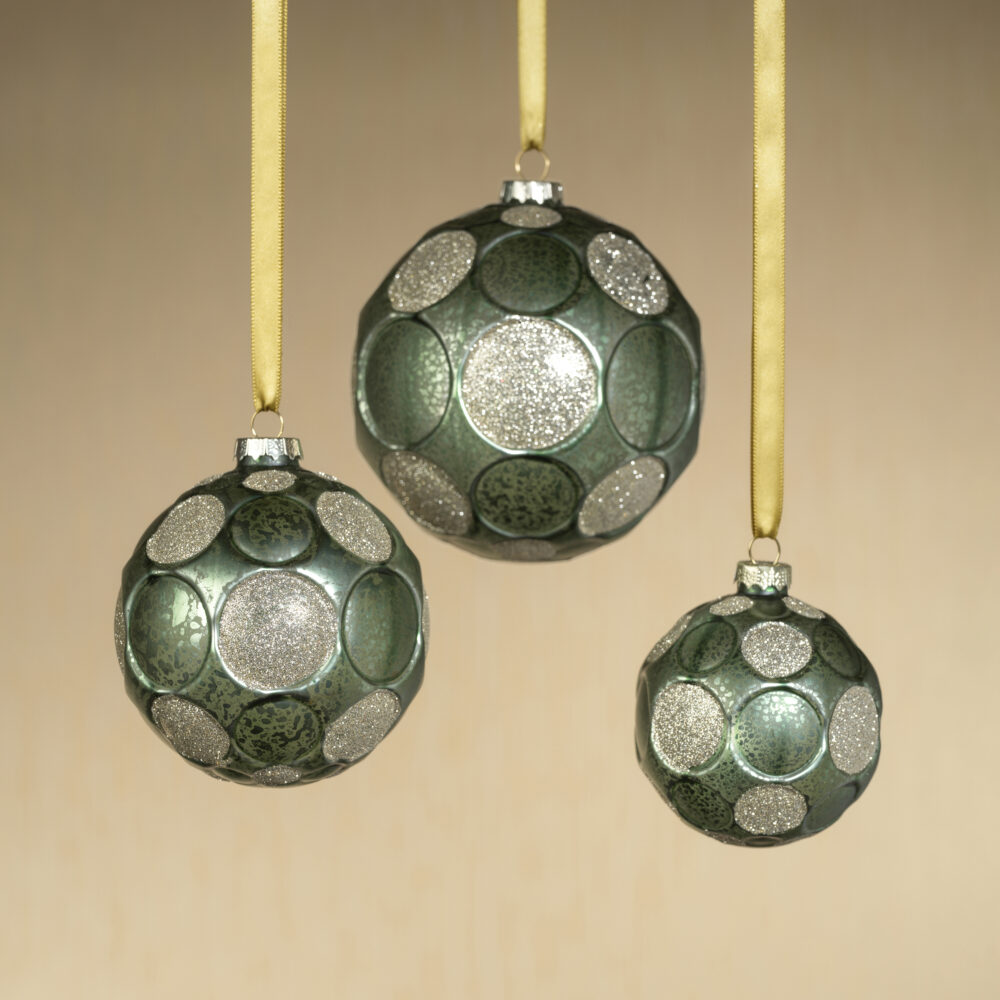 Green Matte Frosted Serenity Glass Ball Ornaments with Gold Glitter-Set of 6, 4" by Zodax