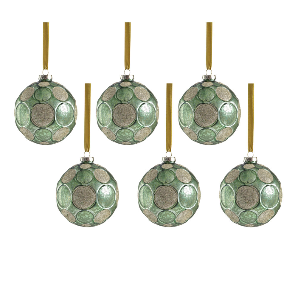 Green Matte Frosted Serenity Glass Ball Ornaments with Gold Glitter-Set of 6, 4" by Zodax