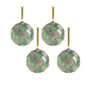 Matte Frosted Serenity 4.75" Glass Ball Ornaments- Set of 4, Green w/ Gold Glitter by Zodax