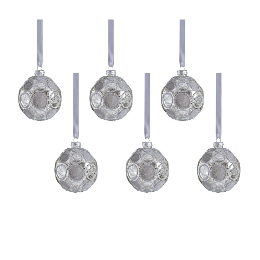 Gleaming Serenity Silver Glass Ball Ornaments with Silver Flocking- Set of 6, 3.25" by Zodax