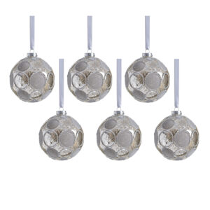 Gleaming Serenity Silver Glass Ball Ornaments with Silver Flocking- Set of 6, 4" by Zodax