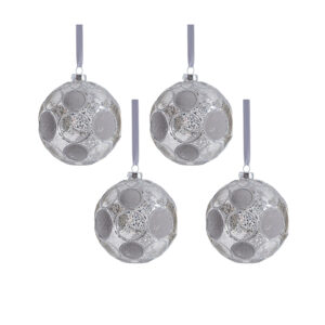 Gleaming Serenity 4.75" Glass Ball Ornaments- Set of 4, Silver w/ Silver Flocking by Zodax