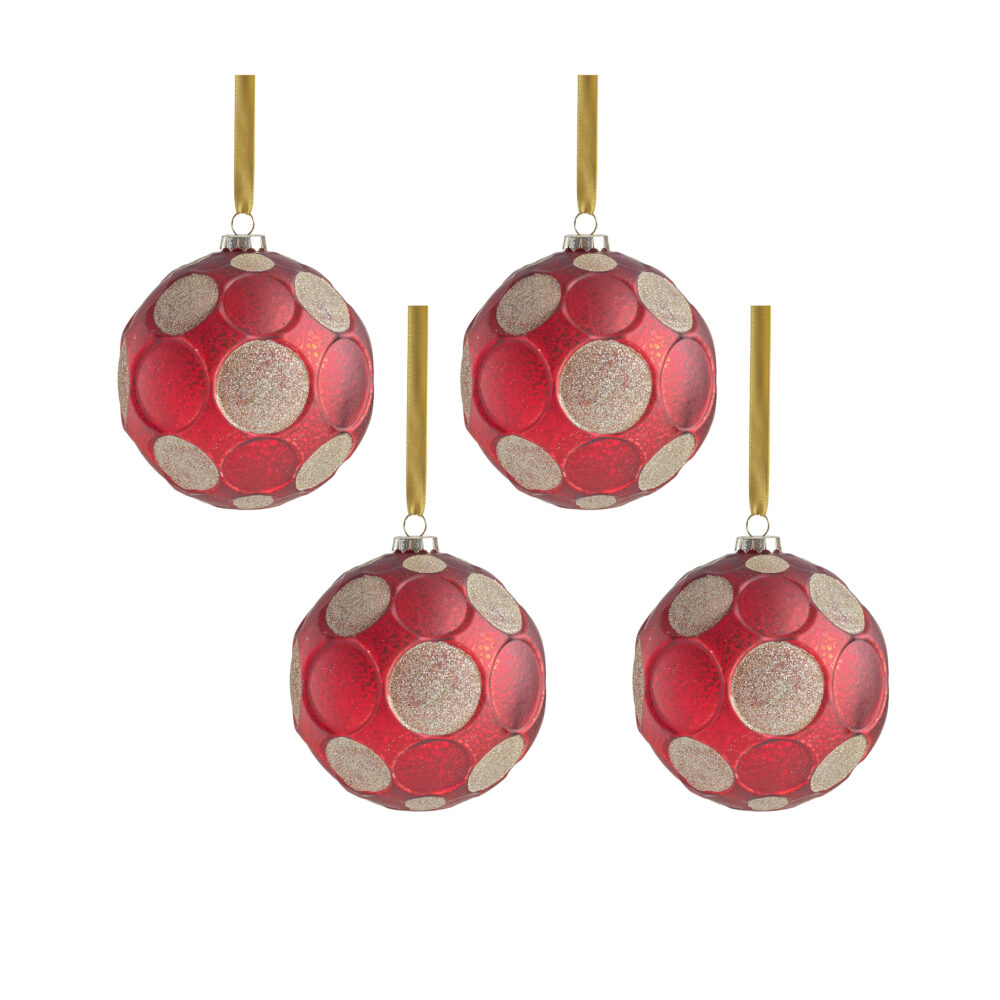 Matte Frosted Serenity 4.75" Glass Ball Ornaments- Set of 4, Red w/ Gold Glitter by Zodax