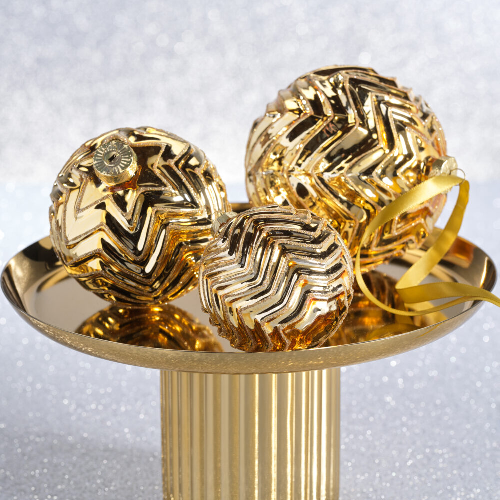 Trieste Metallic Chevron 4.75" Glass Ball Ornaments- Set of 4, Gold by Zodax