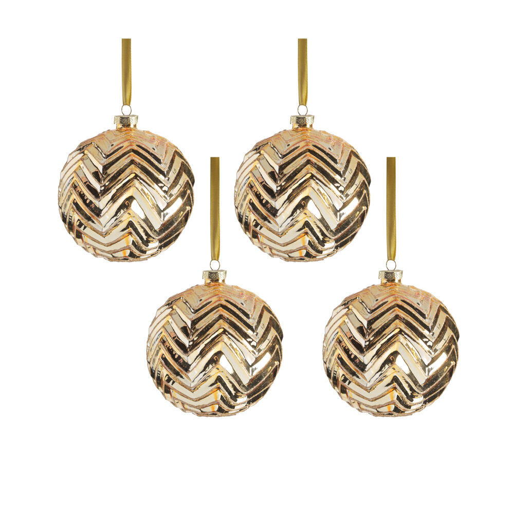 Trieste Metallic Chevron 4.75" Glass Ball Ornaments- Set of 4, Gold by Zodax