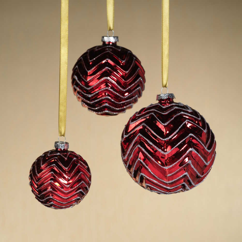 Trieste 6-Piece Set Red Metallic Chevron Glass Ball Ornaments, 3.25" by Zodax