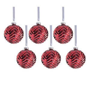 Trieste 6-Piece Set Red Metallic Chevron Glass Ball Ornaments, 4" by Zodax