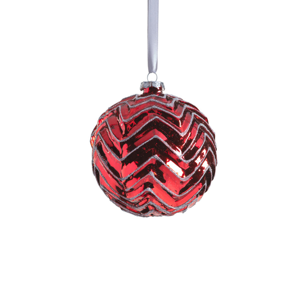 Trieste Metallic Chevron 4.75" Glass Ball Ornaments- Set of 4, Red by Zodax