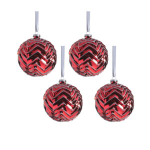 Trieste Metallic Chevron 4.75" Glass Ball Ornaments- Set of 4, Red by Zodax