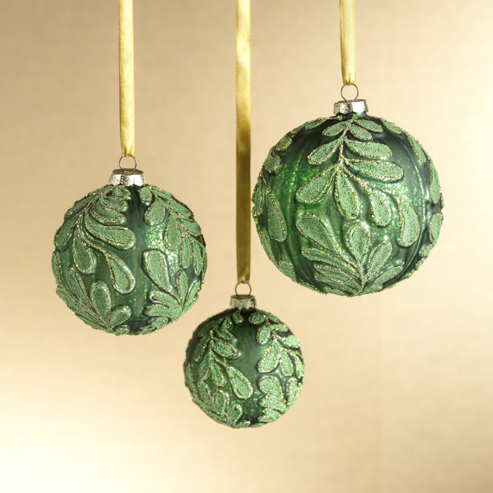 Phyllon 6-Piece Beaded Leaf Pattern Glass Ball Ornament Set, 3.25" by Zodax