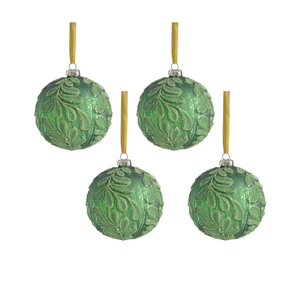 Phyllon 4.75" Beaded Leaf Pattern Glass Ball Ornaments, Set of 4 by Zodax