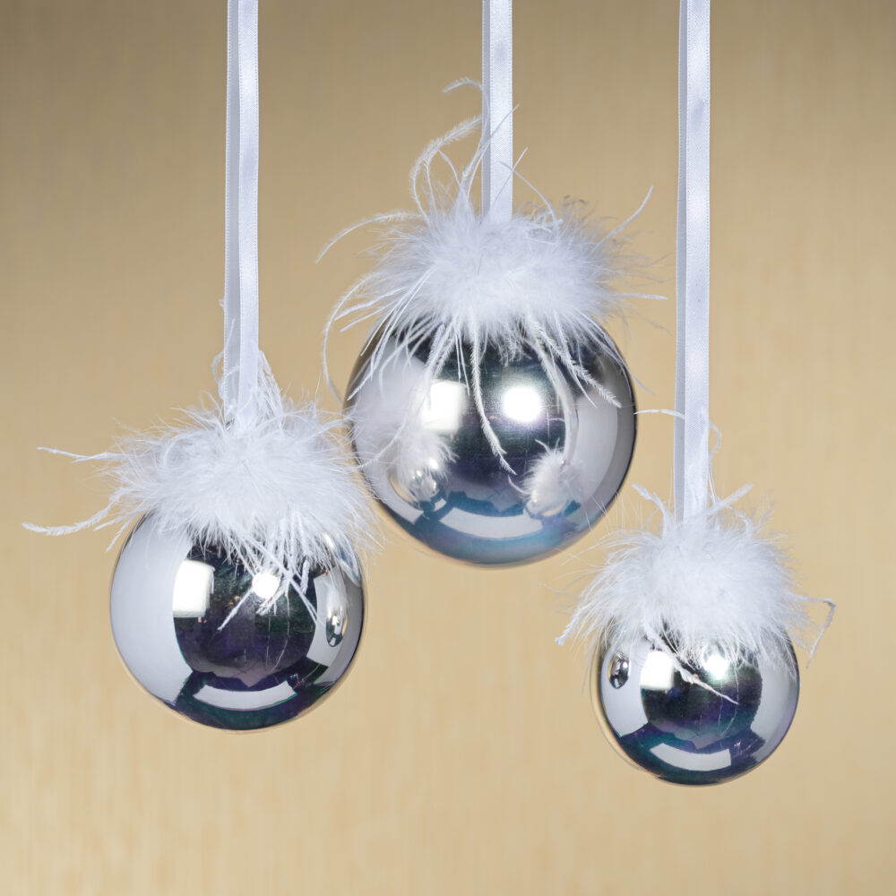 Luster Glass Ball Ornaments with Feather Design- Set of 6, 3.25" by Zodax