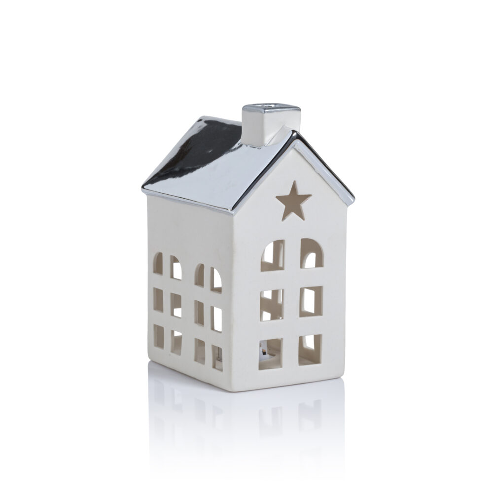 Lilou 2-Piece Set Porcelain LED House with Silver Roof, Large by Zodax