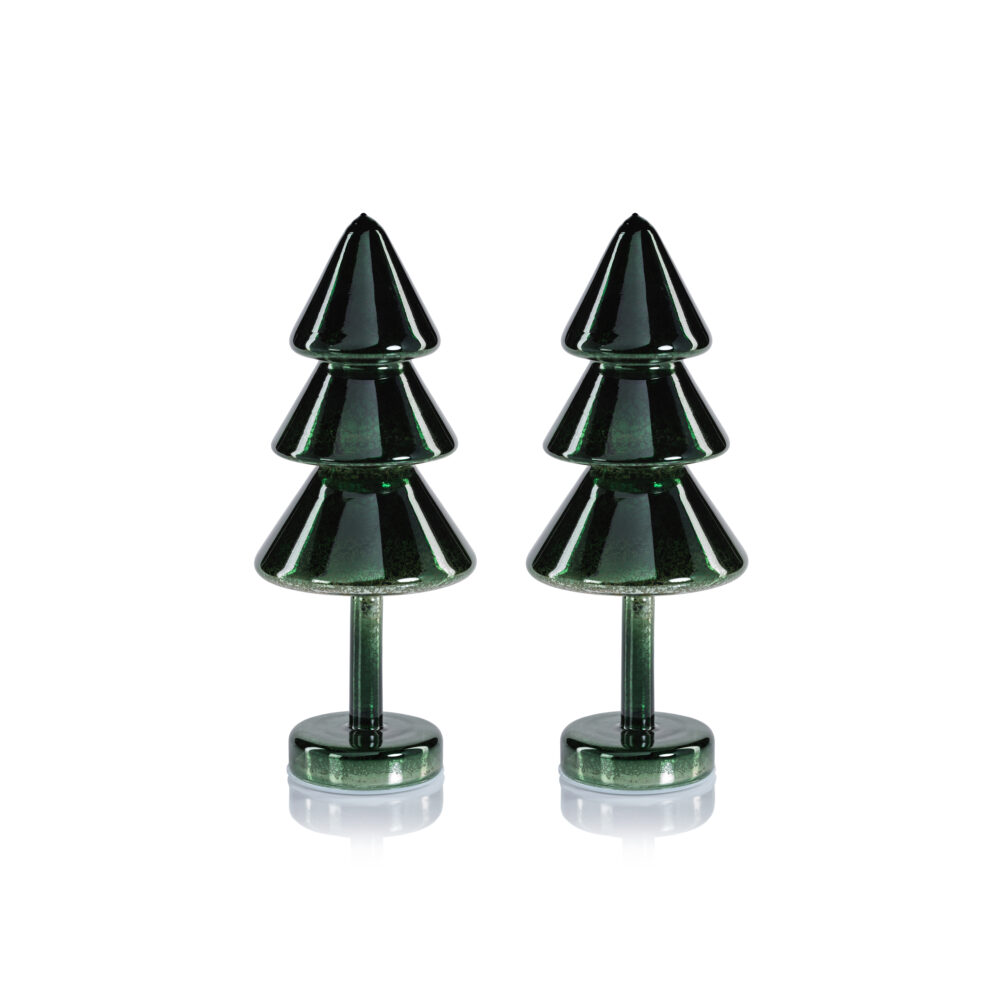 Crimbo 12.25" Green Sparkle Layered Cone LED Trees, Set of 2  by Zodax