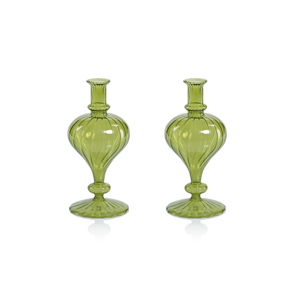 Vellum 2-Piece Set Small Green Spiral Glass Vases, Turnip Shape by Zodax