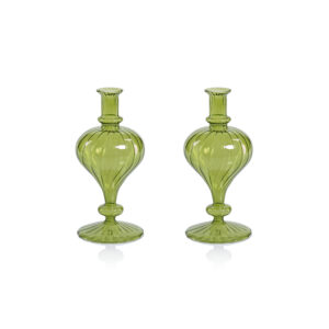 Vellum 2-Piece Set Small Green Spiral Glass Vases, Turnip Shape by Zodax