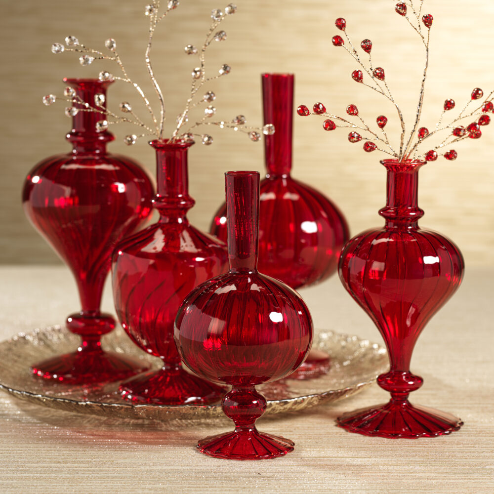 Vellum 2-Piece Set Large Red Spiral Glass Vases, Onion Shape by Zodax