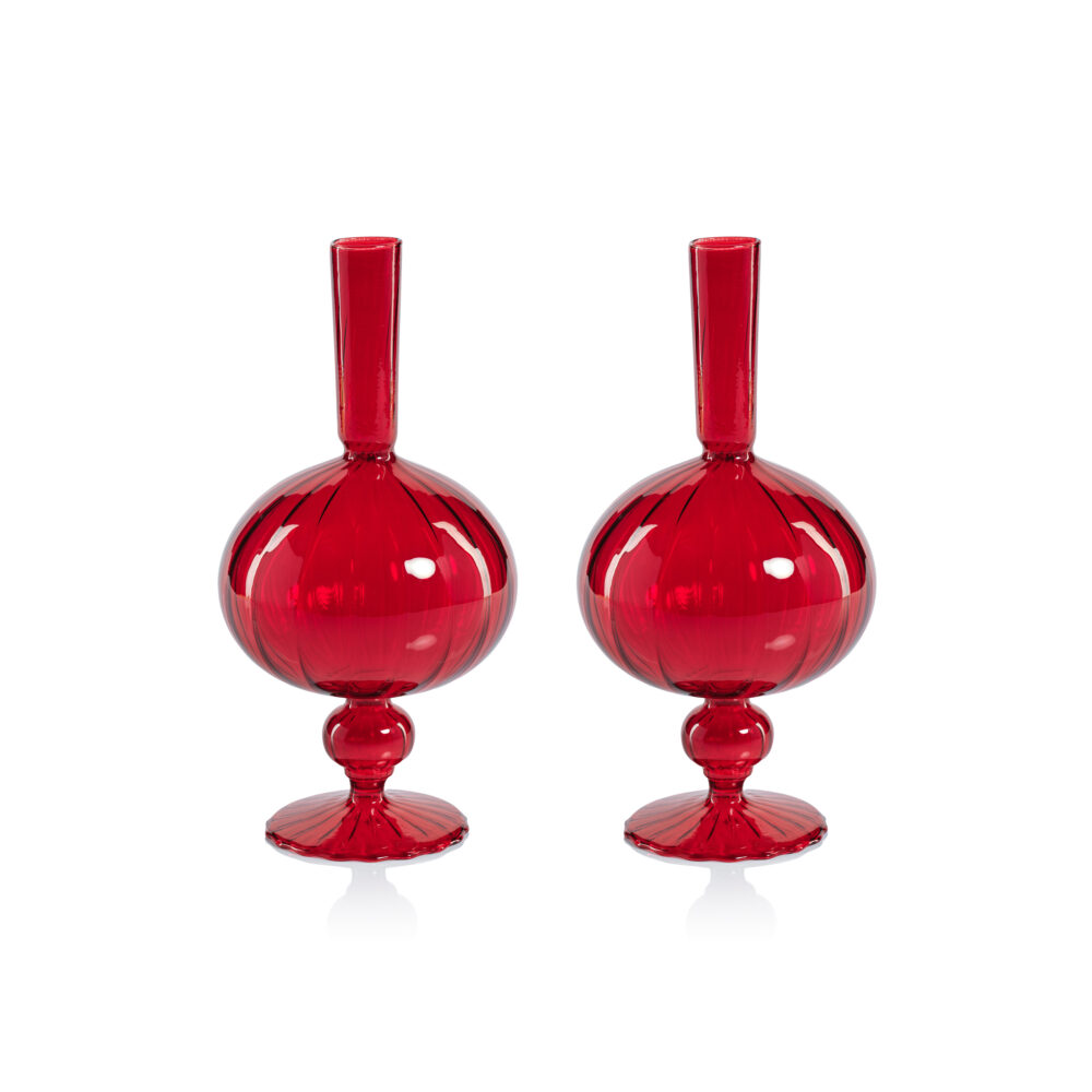 Vellum 2-Piece Set Large Red Spiral Glass Vases, Onion Shape by Zodax