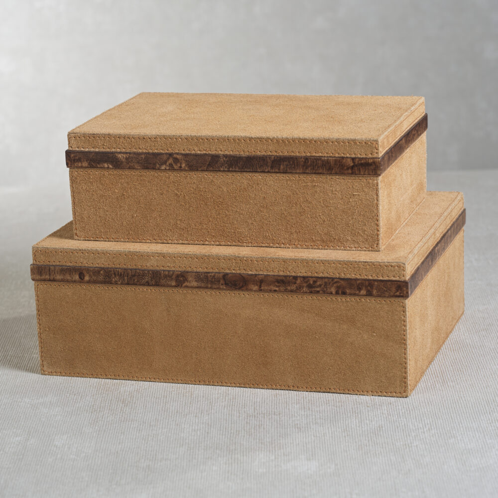 Chelia Suede Decorative Box with Burlwood Trim, Large by Zodax