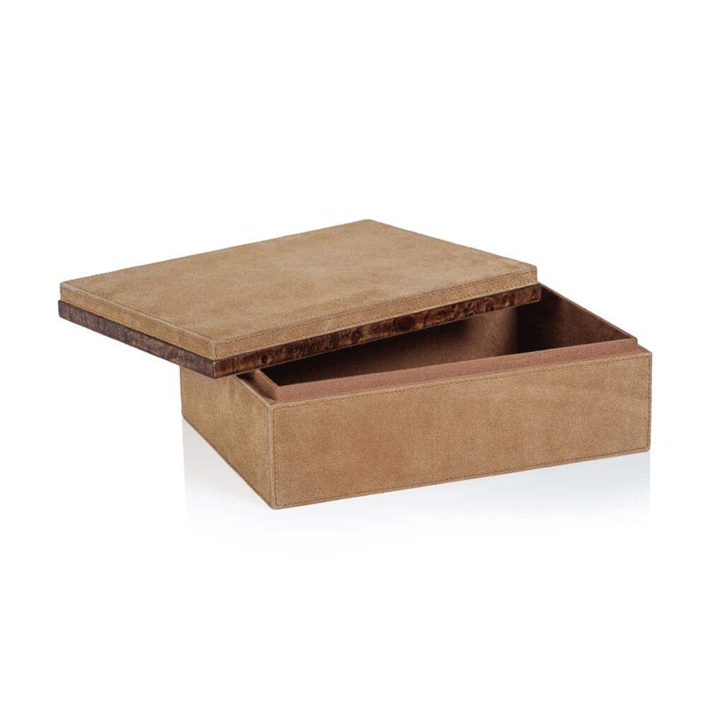 Chelia Suede Decorative Box with Burlwood Trim, Large by Zodax